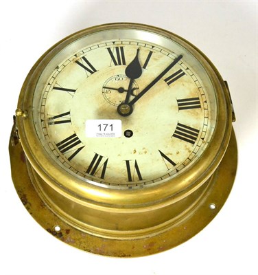 Lot 171 - A ships type bulkhead wall timepiece, circa 1900, 8-inch painted dial, subsidiary seconds, the...