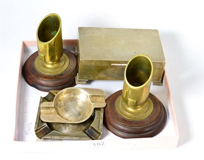 Lot 182 - Pair of brass mounted match strikes and holders (made in Prisoner of War camp), two silver ashtrays