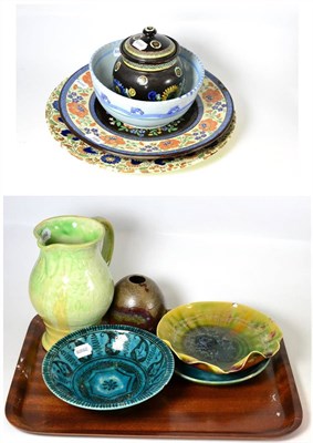 Lot 184 - Two large Swiss chargers, two Linthorpe dishes, a large Honiton bowl, a Brangwyn jug etc