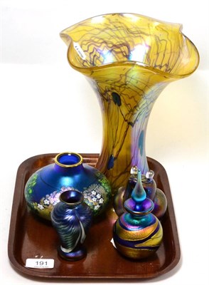 Lot 191 - Ditchfield vase, frog paperweight, two Okra glass vases and a Paul C Brown scent bottle