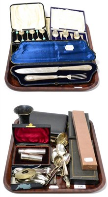 Lot 196 - A quantity of silver and silver plate including spoons, a cased silver shaving set, a pair of cased