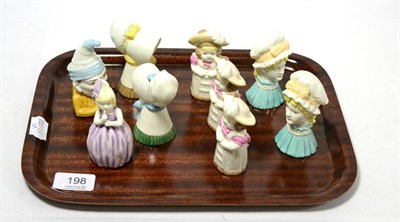 Lot 198 - Nine Royal Worcester figural candle snuffers ''Punch'', ''Hush'', ''Old Woman'', ''Young...