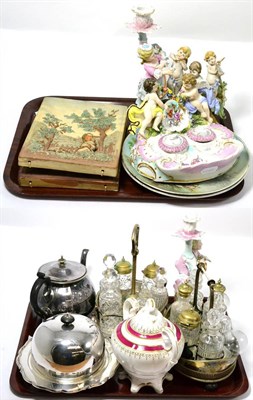 Lot 205 - Plated ware including condiment stands, Continental porcelain etc (on two trays)