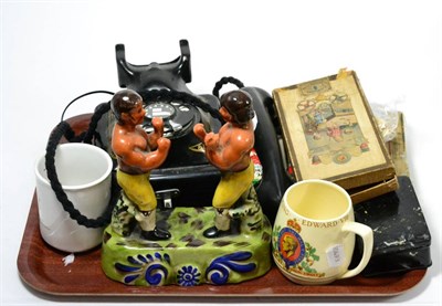 Lot 209 - A Bell wall hanging telephone, a Staffordshire style boxing group with other items (qty)