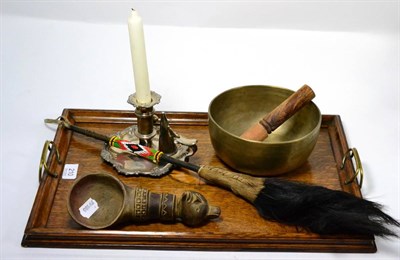 Lot 210 - South American pottery spoon, oak twin handled tray, chamberstick, fly whisk etc