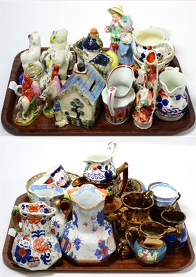 Lot 213 - Two trays of 19th century ceramics including Masons jugs, copper lustre, Staffordshire cottages and