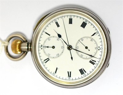 Lot 220 - A silver single push chronograph pocket watch, 1913, lever movement, enamel dial with Roman...