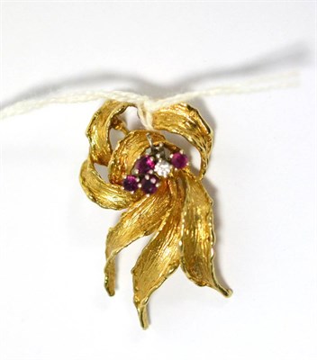 Lot 241 - A 9ct gold ruby and diamond set foliate spray brooch (a.f.)