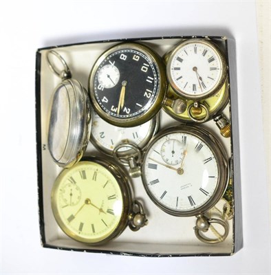 Lot 243 - Three silver pocket watches, another pocket watch with case stamped '935', lady's fob watch and two