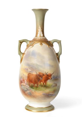 Lot 52 - A Royal Worcester Porcelain Twin-Handled Pear Shaped Vase, painted by Harry Stinton, 1908, with...