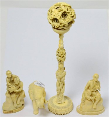 Lot 268 - Five pieces of late Victorian ivory, including ball and stand (a.f.), elephant and two marine...