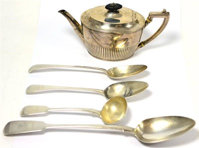 Lot 278 - A silver teapot, two silver George III serving spoons, late Victorian basting spoon and a sauce...