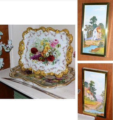 Lot 294 - Two Continental gilt highlighted porcelain trays, decorated with floral sprays, together with a...