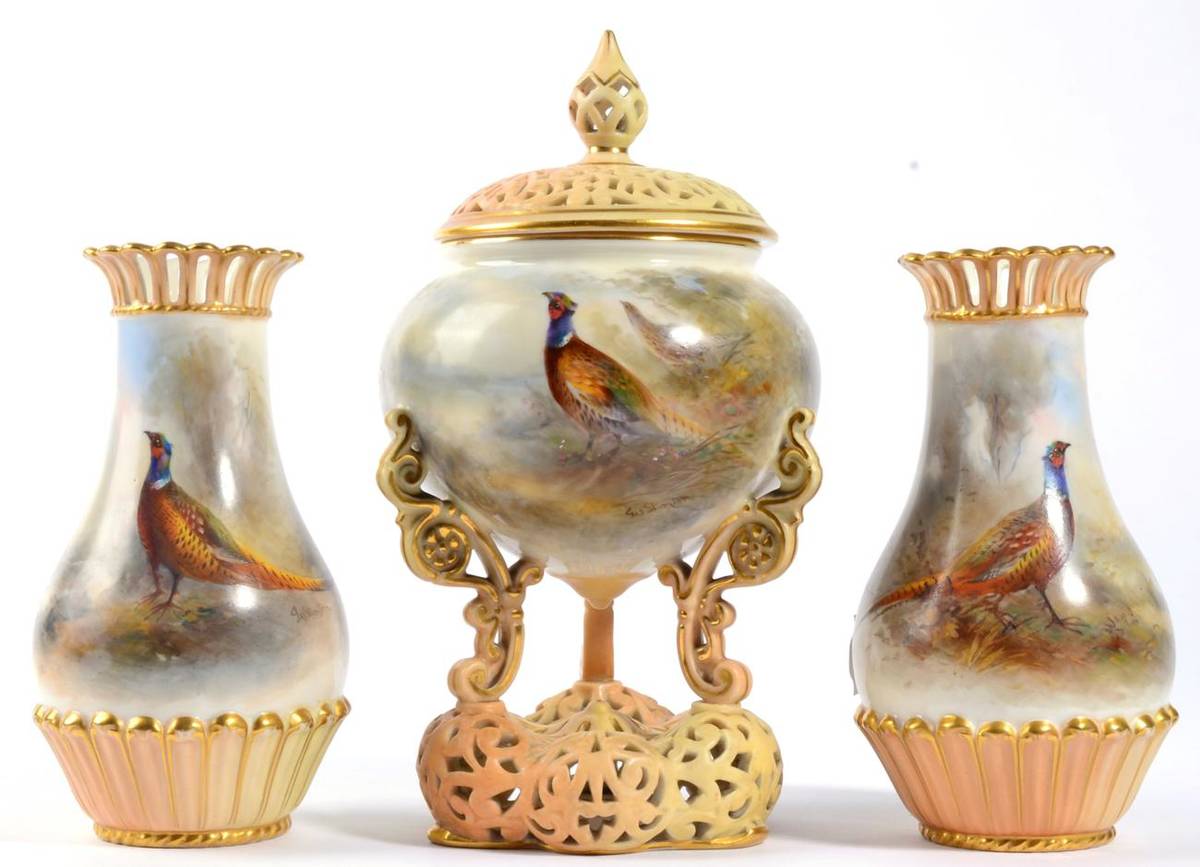 Lot 57 - A Royal Worcester Porcelain Pot Pourri Vase and Cover, painted by James Stinton, 1907, of ovoid...