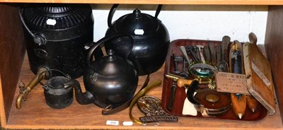 Lot 306 - A collection of metal wares, two kettles, water pot, sewing items, keys, Shanks Arbroath...