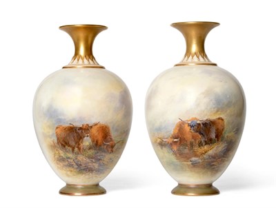Lot 59 - A Pair of Royal Worcester Porcelain Vases, painted by John Stinton, 1921, of ovoid form with...