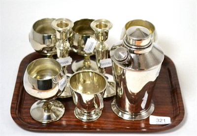 Lot 321 - A pair of silver dwarf candlesticks, silver Christening mug and plated drinks set