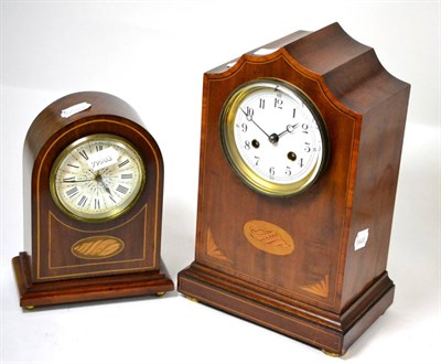 Lot 325 - A mahogany inlaid mantel timepiece and a striking mahogany inlaid mantel clock