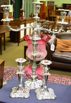 Lot 330 - A silver plated candelabra, twin foliate scroll arms, three sconces; together with a pair of...