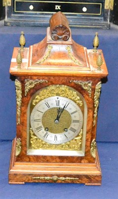 Lot 334 - A burr walnut veneered striking mantel clock, movement backplate stamped 'Lenzkirch'