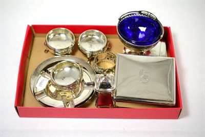 Lot 345 - Three Georgian salts, two card cases, cigarette box, sugar basket, pepperette, napkin ring and...