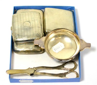 Lot 353 - Three silver cigarette cases, silver quaiche and a pair of plated grape scissors