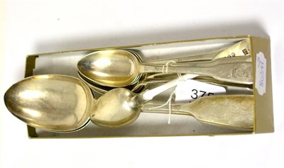 Lot 375 - Pair of John Whiting, London Victorian silver table spoons; set of seven William Eley and...