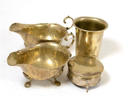 Lot 388 - Pair of Elkington & Co silver sauce boats, silver beaker, silver hinged ring box (4)