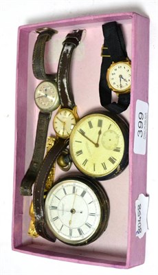 Lot 399 - A 9ct gold ladies wristwatch, two silver cased pocket watches and three other wristwatches