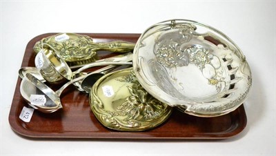 Lot 412 - An Art Nouveau plated hand mirror and brush, cast with flowers, stamped E.P.N.S, 24cm and 30cm;...