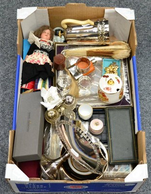 Lot 1003 - A box of miscellaneous including silver, silver plate, a bisque head doll, costume jewellery etc