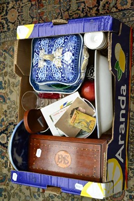 Lot 1010 - A mahogany box, blue and white ceramics, coins etc (one box)