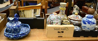 Lot 1014 - A quantity of Oriental ceramics including blue and white ginger jars and covers, Satsuma vases,...