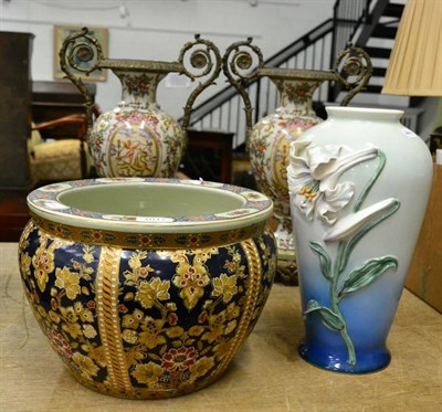 Lot 1017 - A pair of gilt metal mounted ceramic vases, a Franz floral vase and a modern Chinese jardiniere