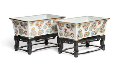 Lot 79 - A Pair of Chinese Porcelain Jardinières, 19th century, of flared rectangular form, painted in...