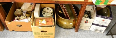 Lot 1043 - Assorted copper, brass, plated wares, china and glassware (qty)