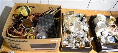 Lot 1047 - A collection of silver plate, brass and copper ware (two boxes)