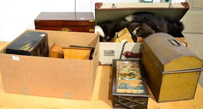 Lot 1058 - Group of miscellaneous items including scales and weights, tin box, oak haberdashery cabinet,...