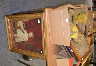 Lot 1070 - Circa 1950's Teddy bear with growler and three later examples,  wool work picture by Martha...