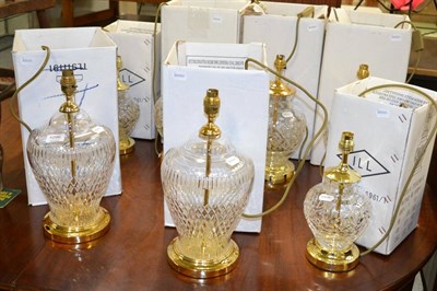 Lot 1096 - Two pairs of glass table lamps together with a set of three glass table lamps (7)