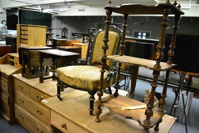 Lot 1144 - An embossed chair, small oak side table, Victorian whatnot and an oak drop leaf table