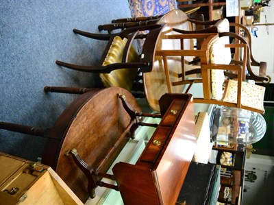 Lot 1146 - Group of furniture comprising a demi lune side table, drop leaf occasional table, an oak gate...