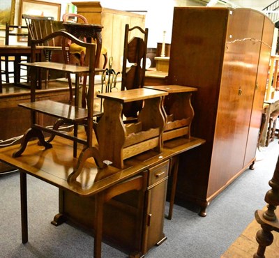 Lot 1148 - Group of furniture comprising a 1950's wardrobe, pair of oak magazine tables, gate leg dining...