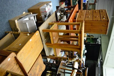 Lot 1150 - Group of pine furniture comprising a bedside cupboard, pair of occasional tables, farmhouse kitchen