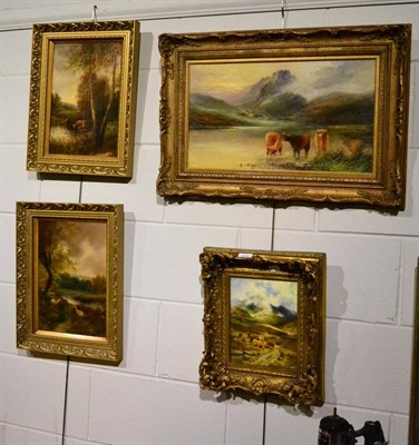 Lot 1196 - H Graham, landscape with cattle watering, signed oil on board, together with two further...