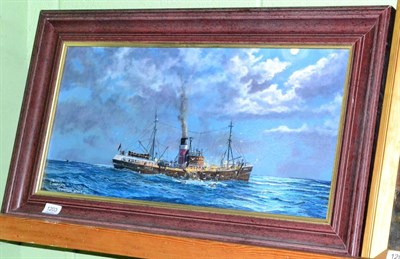 Lot 1203 - Dennis Chapman (British, Contemporary) ";Reighton Wyke"; shipping scene, oil on canvas, laid on...