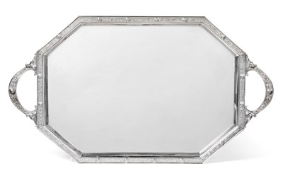 Lot 102 - A Twin-Handled Silver Tray, Mappin & Webb, London 1950, rectangular with cut corners, decorated...