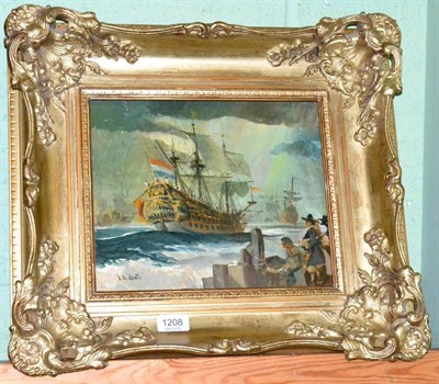 Lot 1208 - R D Beattie, Galleon ship with figures looking on, signed, oil on panel