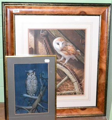 Lot 1209 - Micheal Jackson, (Contemporary) a barn owl standing on a cart wheel, signed and dated 1992,...