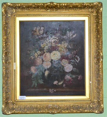 Lot 1217 - After Henri Fantin-Latour, Still life of assorted flowers in a vase, oil on board